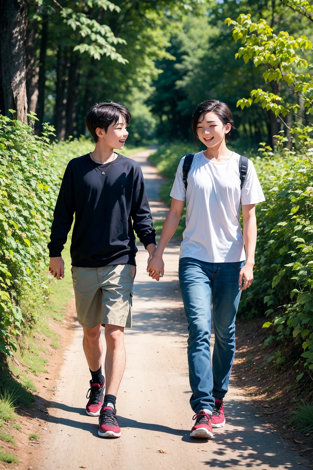 boy and girl walking in nature , holding hands , happy