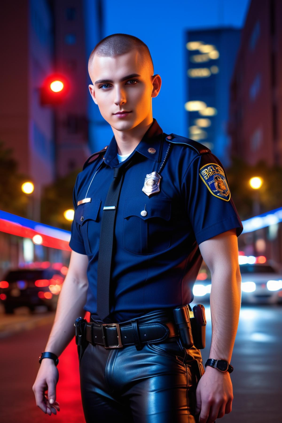 hot 25yo slim male cop, bulge, leather pants, buzzcut, duty belt, perfect eyes, red and blue police lights, (perfectly-lit...