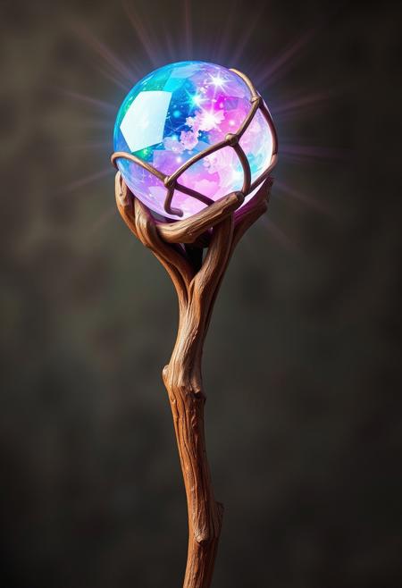 A fantasy staff made of wood, with a natural and slightly curved design resembling a branch. At the top, a huge rainbow glowing and light shining crystal sphere which emits rays of light is held within a intricate intertwining of wooden elements.
The staff in the image is positioned at a slight angle, allowing both its top and bottom to be seen.