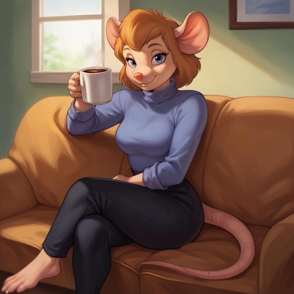 Expressiveh, by oouna, by meesh, score_9, score_8_up, score_7_up, rating_safe, source_furry, BREAK
1girl, solo, Gadget, Cartoon, Mouse tail, medium breasts, wide hips, short hair, blue turtleneck sweater, black pants, sitting, legs crossed, smiling, looking at viewer, indoors, couch, mug, coffee