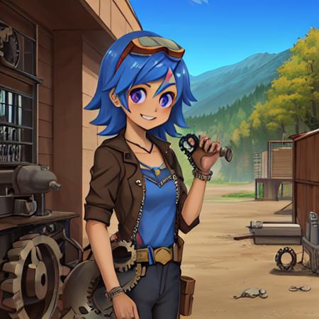 outdoors, tools, blueprint, steampunk, (machine, gears:1.4) BREAK solo, asteria, cute, purple eyes, smiling, holding wrench <lora:pk_asteria-000010:0.8>