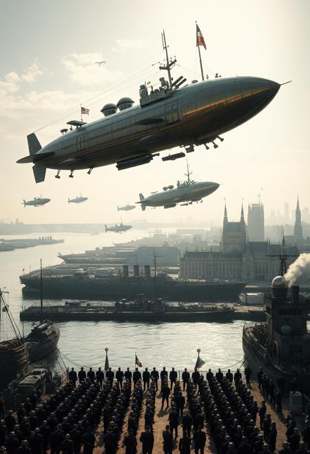Top pov, high angle shot, bird eyes view, (Ultra-realistic, 32k, Masterpiece, High Quality, Detailed Realistic Background, Official Art, Realistic Lighting, filmfotos, film grain, reversal film photography). 
In the expansive harbor, a fleet of Victorian steampunk airships soars through the sky, their bronze and iron hulls glistening in the diffused morning light. Gears and propellers churn rhythmically, while steam hisses from the vents, propelling the airships toward the distant horizon. Below, the ground is a hive of activity, where an army clad in polished iron armor stands at attention, awaiting orders. The soldiers, positioned in precise formations, prepare to board the massive battleships docked along the pier. The navy's imposing vessels, crafted with industrial-era ingenuity, are lined up, chimneys spewing thick plumes of smoke into the sky. A sense of anticipation permeates the air as the forces ready for battle. The city behind them, with its towering gothic architecture, casts long shadows across the harbor, adding to the tension. The dramatic, low-angle shot captures the converging forces of air and sea, amplifying the chaos and strategic intensity of the moment. The sky darkens as storm clouds gather, setting an epic and moody cinematic tone.