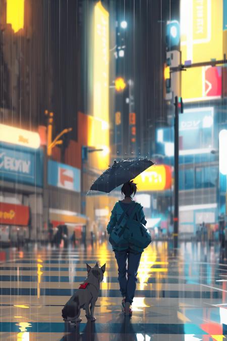 -style by snatti, rain, 1girl, crosswalk, dog, umbrella, blurry, outdoors, bag, blurry background, road, long hair, street, pants, ponytail, holding, solo, from behind, depth of field<lora:style by snatti-000018:0.9>