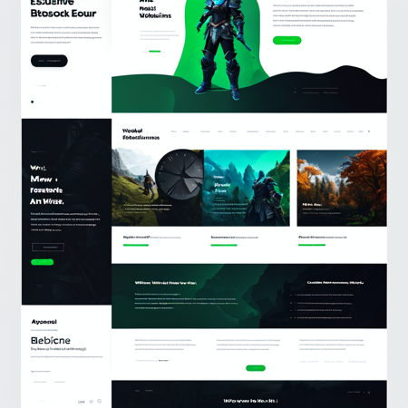 <lora:UI-UX:0.8> UI-UX Style, a website layout, mmorpg website, specular highlights, contemporary and modern layout, black and green theme, easy on the eyes, vibrant and fun, responsive, bootstrap and CSS compatible, aero elements