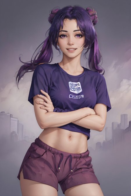 gog-chan twintails double bun purple shirt purple shorts midriff