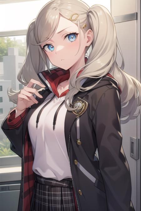 anntakamaki, <lora:annetakamakitest:1>, anne takamaki, blonde hair, blue eyes, hair ornament, hairclip, long hair, swept bangs, twintails, wavy hair,
BREAK black jacket, grey sweater, hood, hood down, hooded sweater, jacket, long sleeves, miniskirt, open clothes, open jacket, pants, pants under skirt, plaid, plaid skirt, pleated skirt, red pants, skirt,
BREAK looking at viewer,
BREAK indoors, classroom,
BREAK <lora:GoodHands-vanilla:1>, (masterpiece:1.2), best quality, high resolution, unity 8k wallpaper, (illustration:0.8), (beautiful detailed eyes:1.6), extremely detailed face, perfect lighting, extremely detailed CG, (perfect hands, perfect anatomy),