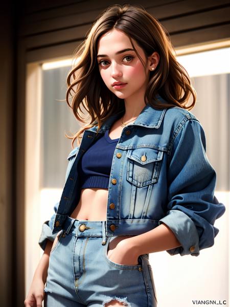 Realistic photo of a beautiful 4l1c14v woman, 1girl, solo, brown hair, top, denim jacket, lips, messy hair, realistic, unbuttoned, soft lighting, professional Photography, Photorealistic, detailed, RAW, analog, sharp focus, 8k, HD, high quality, masterpiece<lora:4l1c14v:1.0>