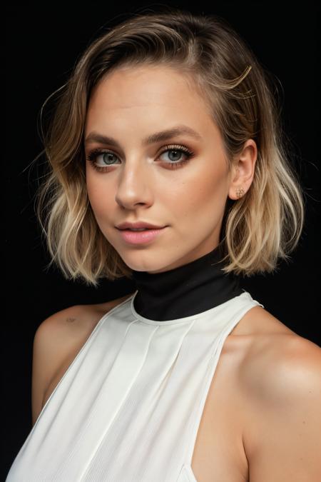 RAW photo of melpel,portrait, high-neck top, blonde, makeup, high-neck top, black background,(high detailed skin:1.2), 8k uhd, dslr, soft lighting, high quality, film grain, Fujifilm XT3, <lora:melpel:1>