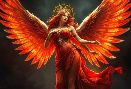 voluptuous  Guardian Angel Joan, radiant in red and orange hues with gold accents, stands proudly on a dark sanctuary. The angel's head, adorned with a gold crown, is turned to the left as if gazing into the distance. Gold accents on the arms and legs add strength and power to the dynamic pose. The dark background contrasts the bright colors, making the angel stand out. Details include sharp lines, brush strokes, stunning and harmonious colors, and a super detailed face and eyes. The artwork is 4K, exceptionally detailed, with captivating lighting and vivid emotions. Trending on ArtStation, this digital painting showcases intricate elegance, impeccable composition, and a well-timed moment.