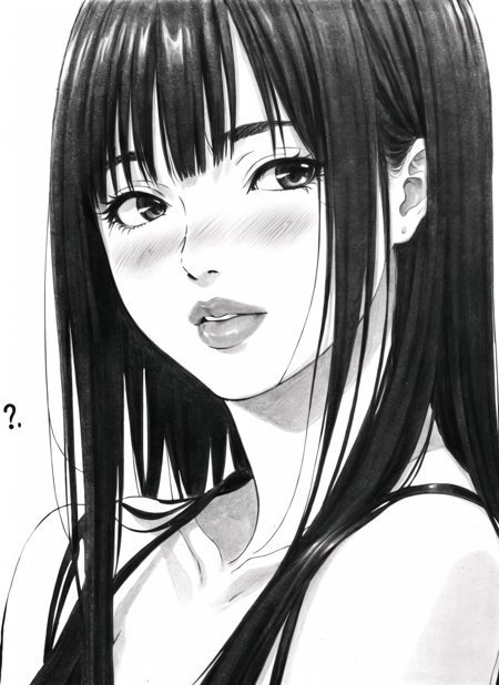 yakiyama line <lora:yakiyama_line_offset:1>, masterpiece, best quality, greyscale monochrome, 1girl, blush, solo, long hair, lips, parted lips