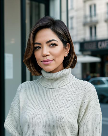 photo of (P4m3l4Silv401:0.99), a woman, RAW, close portrait photo, (wearing a turtle neck pullover:1.2), standing in front of a (french caf:1.2), RAW candid cinema, 16mm, color graded portra 400 film, remarkable color, ultra realistic, textured skin, remarkable detailed pupils, realistic dull skin noise, visible skin detail, skin fuzz, dry skin, shot with cinematic camera