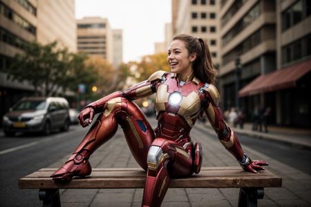 Marvel movies,ironman,from below,photo of a 18 year old girl,sitting on a bench,happy,laughing,fit and petite body,ray tracing,detail shadow,shot on Fujifilm X-T4,85mm f1.2,sharp focus,depth of field,blurry background,bokeh,lens flare,motion blur,<lora:add_detail:1>,