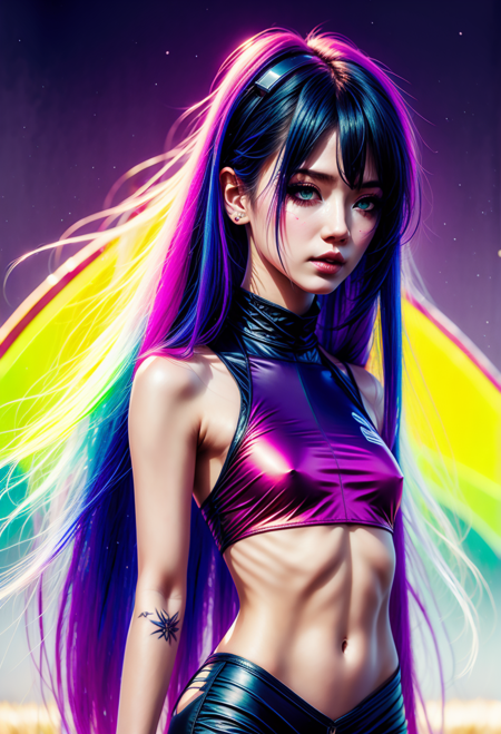 1 Girl, rainbow girl, gradient hair, <lora:Gradient-02:1> <lora:MoosMST1:1>, Demon Girl, Sexy Girl, Comic Art, Dramatic, Obscure, Chocker,