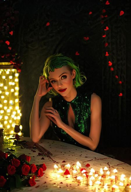 alienworld, (alien:1.4), Realism_Quality_2xx_By_Stable_Yogi, 1girl, bob cut, platinum blonde hair, (green eyes:1.2), gentle smile, 28 years old, long eyelashes, eyeliner, red lips, makeup, (hearts:1.2), red hearts floating around, (many hearts:1.4), dress made of wagyu, date_pov, across table, sitting, valentine, roses, wine, diner, night, candles, (romantic:1.4), anatomically correct, (hands hidden:2), (hands behind the head:2.7), fully dressed, pg rating, Merger_dani_maiter.