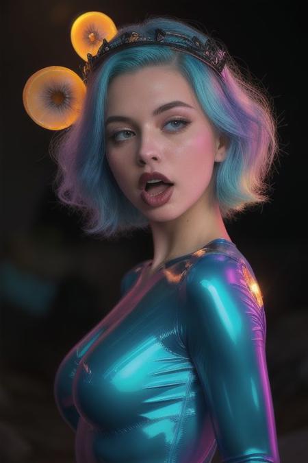 (by Don Bluth:1.3) , gorgeous Scandinavian (girl of Beauty:1.8) , wearing Apocalyptic Lovely Tiara from the 1300's, light blue hair, short curly haircut, ((((colorful bioluminescent latex sexy suite)))), bioluminescent colorful scales, 65% of her body fill the frame, she licking her lips with her tongue, slow shutter Speed, Canon eos 5d mark 4, 80mm, sensual, symmetry, swf, (cinematic look:1.2), soothing tones, insane details, hyperdetailed, low contrast, twilight cinematic light, dim colors, exposure blend, hdr, faded, slate gray atmosphere, twilight candle light atmosphere