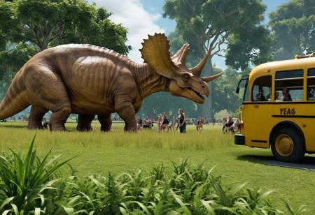 A triceratops eating grass, in the background a brontosaur is eating leaves.
A yellow bus with tourists are watching the dinosaurs with binoculars.