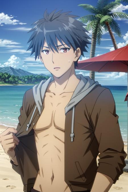 kisaragi hayato\(hundred\), solo, looking at viewer, short hair, bangs, black hair, red eyes, 1boy, hair between eyes, collarbone, male focus, jacket, open clothes, hood, open jacket, gray hoodie, outdoors, sky, day, tree, beach, pectorals, spiked hair, topless male, palm tree,