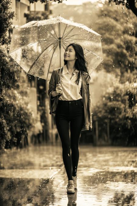 masterpiece, best quality, 1girl, japanese, full body, water drop, rain, holding umbrella, <lora:rainydays:0.8>