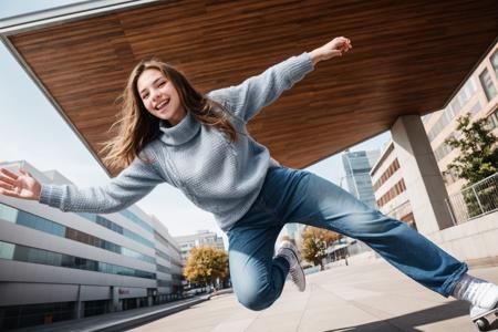 full body,from below,wide shot,photo of a 18 year old girl,skating,happy,laughing,looking at viewer,sweater,denim pants,ray tracing,detail shadow,shot on Fujifilm X-T4,85mm f1.2,sharp focus,depth of field,blurry background,bokeh,<lora:add_detail:1>,