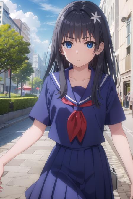 satenruiko, <lora:ruiko saten s3-lora-nochekaiser:1>, 
saten ruiko, black hair, blue eyes, long hair, hair ornament, flower ornament,
BREAK blue skirt, pleated skirt, sakugawa school uniform, school uniform, serafuku, skirt, summer uniform,
BREAK outdoor, city, sky, sun, clouds,
BREAK looking at viewer, (cowboy shot:1.5),
BREAK <lyco:GoodHands-beta2:1>, (masterpiece:1.2), best quality, high resolution, unity 8k wallpaper, (illustration:0.8), (beautiful detailed eyes:1.6), extremely detailed face, perfect lighting, extremely detailed CG, (perfect hands, perfect anatomy),