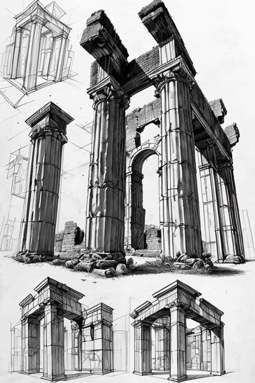 Drawing of a Large Ancient Temple with Multiple Pillars and Decorative Elements