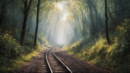 RAW, analog capture with Nikon Z 85mm lens, an acclaimed and alluring photograph recognized for its ((superlative quality)), hailed as a ((masterpiece)), an intricately detailed landscape, 
a train track in the middle of a forest, dark foggy forest background, 
captured with professional precision in 4k resolution. The scene unfolds amid the bloom of spring flowers, bathed in the warmth of god rays, creating a delicate and innocent ambiance. The photograph boasts high-resolution imaging, capturing every nuance of the subject's facial features with remarkable detail and sharp focus. The aesthetic appeal is heightened by the smooth rendering, offering an extremely detailed and realistic portrayal. Post-processing techniques further enhance the image, achieving maximum detail and conveying a sense of roughness reflective of real-life textures. The result is an ultra-realistic depiction, showcasing the artistry of photorealism in exquisite 8k UHD. The play of SEMI-SILHOUETTE light adds depth and dimension, reminiscent of impressionist painting techniques with brushstrokes and palette knife strokes. This expressive composition, inspired by the styles of Leonid Afremov, incorporates elements of (cell shading: 1.2) and a 2D visual aesthetic, akin to the richness found in oil paintings (oil painting: 1.2), all meticulously curated by the skilled hand of Carne Griffiths.