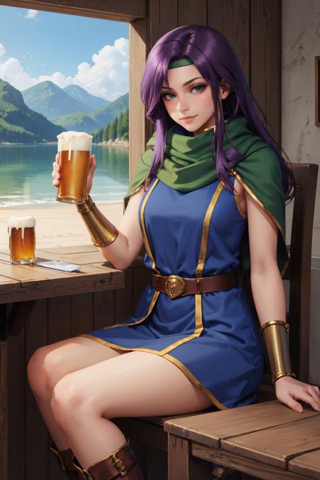 masterpiece, best quality, farisscherwiz, purple hair, headband, scarf, blue dress, bracer, short dress, belt, boots, smirk, tavern, sitting, beer <lora:faris-nvwls-v1-000010:0.9>