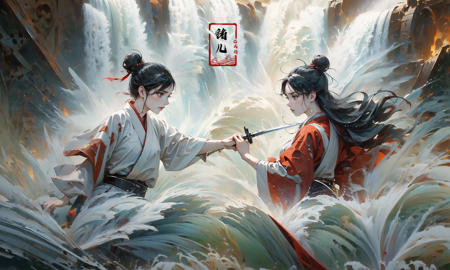 (dramatic, gritty, intense:1.4),masterpiece, best quality, 8k, insane details, intricate details, hyperdetailed, hyper quality, high detail, ultra detailed, Masterpiece,
2girlsholding weaponholding swordduelbattlemidairsingle hair bunblack hairlong hairhair bunlooking at another
outdoorswaterfallwater in the flowingwavessplashingHanfu(Real waterRealistic waterflowing water:1.5)ripples
A shot with tension(sky glows red,Visual impact,giving the poster a dynamic and visually striking appearance:1.2),Chinese Zen style,impactful picture,
<lora:~Q?-p^k{eWaterfall:1>