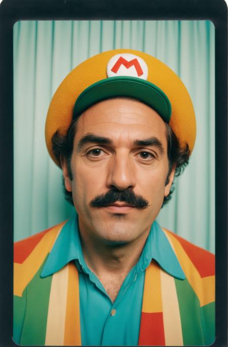 A hyperdetailed polaroid photo of Mario in a photobooth, 8k resolution, best quality, filmed by wes anderson, color scheme baby blue, orange, red, yellow, black and green, pastel colors, cinematic, golden hours, smooth light leaks, smooth shadows 8k, masterpiece