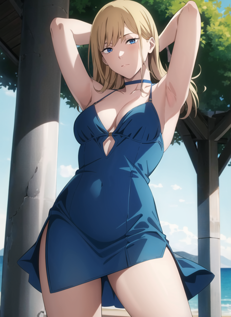 csm anime style,  1girl, arm behind head, arm up, armpits, blonde hair, blue dress, blue eyes, breasts, choker, cleavage, contrapposto, dress, legs, looking at viewer, medium breasts, solo, thighs, outdoors, white choker, ((masterpiece)) <lora:csm_anime_style_offset:1>