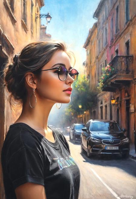 #Pastel, #dry chalk drawing, #crayons on paper, #chalk shading, chalk drawing, #tinted paper, #crayon drawing, colorful, sketch, serene scene, (((#white chalk drawing))), tinted black paper, standing, contrapposto, woman, glasses, skirt, boots, T-shirt, bokeh (dark light), inspiration, art by Andrey Atroshenko,