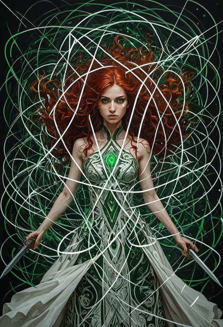 geometric abstract art theme, with a black background with green squares and white lines, (10:0.9090909090909091), a detailed drawing, Alson S. Clark, a1bs2trac1t, background, aura, Height: Approximately 5 feet 7 inches, (170 cm:1.1), with a statuesque and elegant presence, Build: Slim and toned, with a feminine, athletic figure that conveys both her agility and strength, Hair: Long, wavy, or slightly curled auburn or deep red hair that flows freely or is styled to emphasize her dynamic and mystical persona. The rich hue of her hair adds to her fiery and intense appearance, Eyes: Hazel or green eyes that are expressive and piercing. When using her powers, her eyes often glow red, symbolizing the chaos magic she wields, Skin: Fair and flawless complexion, with a radiant, almost ethereal quality that enhances her connection to the mystical realm of the universe.,
A young woman's face in the center, surrounded by a green and black background. the woman has long dark hair and is wearing a white dress with intricate patterns and designs. she is holding a sword in her right hand and appears to be in a fighting stance. the background is filled with various shapes and colors, including triangles, squares, and rectangles, creating a chaotic and dynamic composition. on either side of the woman's head, there are two figures, one on each side, that appear to be floating in the air. the figure on the left is holding the sword with both hands, while the figure in the middle is lying down with their arms stretched out in front of them. the figures are surrounded by a multitude of green and white lines and shapes, creating an abstract and chaotic atmosphere. the overall effect is one of energy and movement, with the woman appearing to be in motion and energy.
 <lora:a1bs2trac1t:1>