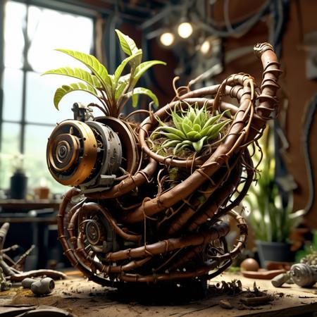 ((best quality)), ((masterpiece)), ((realistic,digital art)), (hyper detailed),scrapbuiltai Small Raw Umber Compact Coiled plant,     Synsepalous, Spiral Phyllotaxy, Anchor root , octane rendering, raytracing, volumetric lighting, Backlit,Rim Lighting, 8K, HDR,  <lora:ScrapBuiltAI:1>