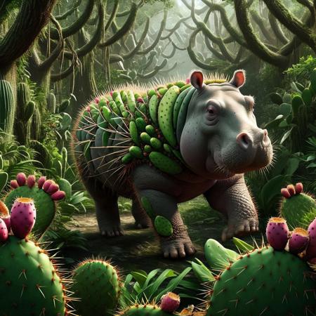 Harry the Hippo striding therough the jungle, parrots  <lora:Prickly Pear Style v1:1>, Prickly Pear Style,