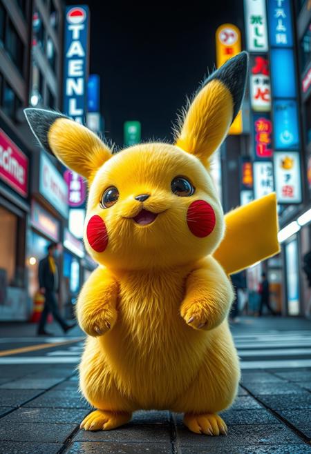 pokemon Pikachu at the real life, fur, hyper realism, ultra detailed, studio photography style, Neo-Tokio streets at the background