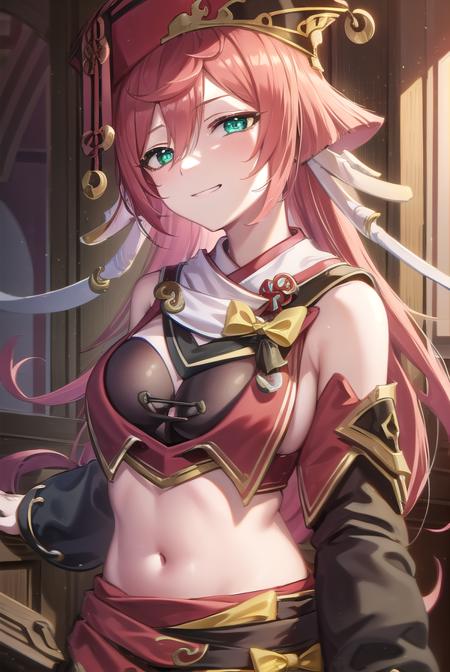 yanfei, antlers, horns, pink hair, long hair, hair between eyes, (green eyes:1.5), black bra, black shorts, boots, bow, bra, high heels, long sleeves, midriff, navel, red headwear, red skirt, red vest, shorts, skirt, two-tone footwear, vest, yellow bow,