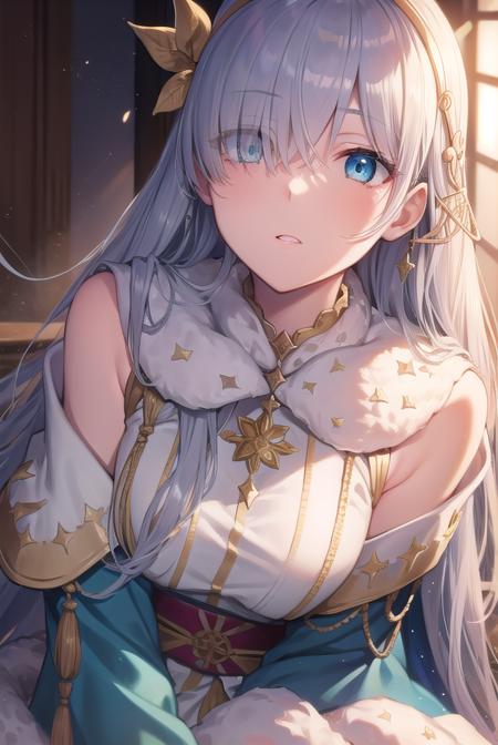 anastasia, blue eyes, grey hair, hair between eyes, (hair over one eye:1.5), long hair, bangs, blue cloak, brown hairband, cloak, dress, fur trim, hairband, royal robe, sash, tachi-e, white dress, wide sleeves,