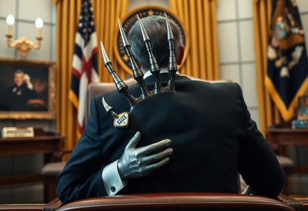 doctor claw in sharp suit inside the oval office, real photograph, inspector gadget style, photorealistic, correct hands, correct fingers, presidential seal, vote button, campaign photo, election, elegant scene, facing away, sitting, metal arm, spikes