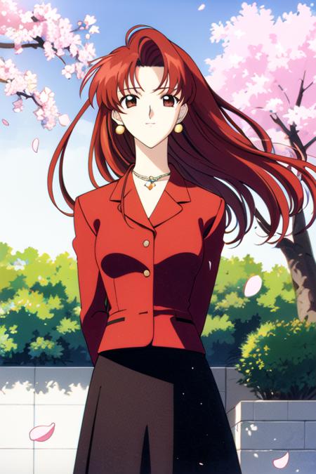 mizuki_kaho, 1girl, brown hair, red hair, long hair, retro artstyle, 1990s /(style/)
