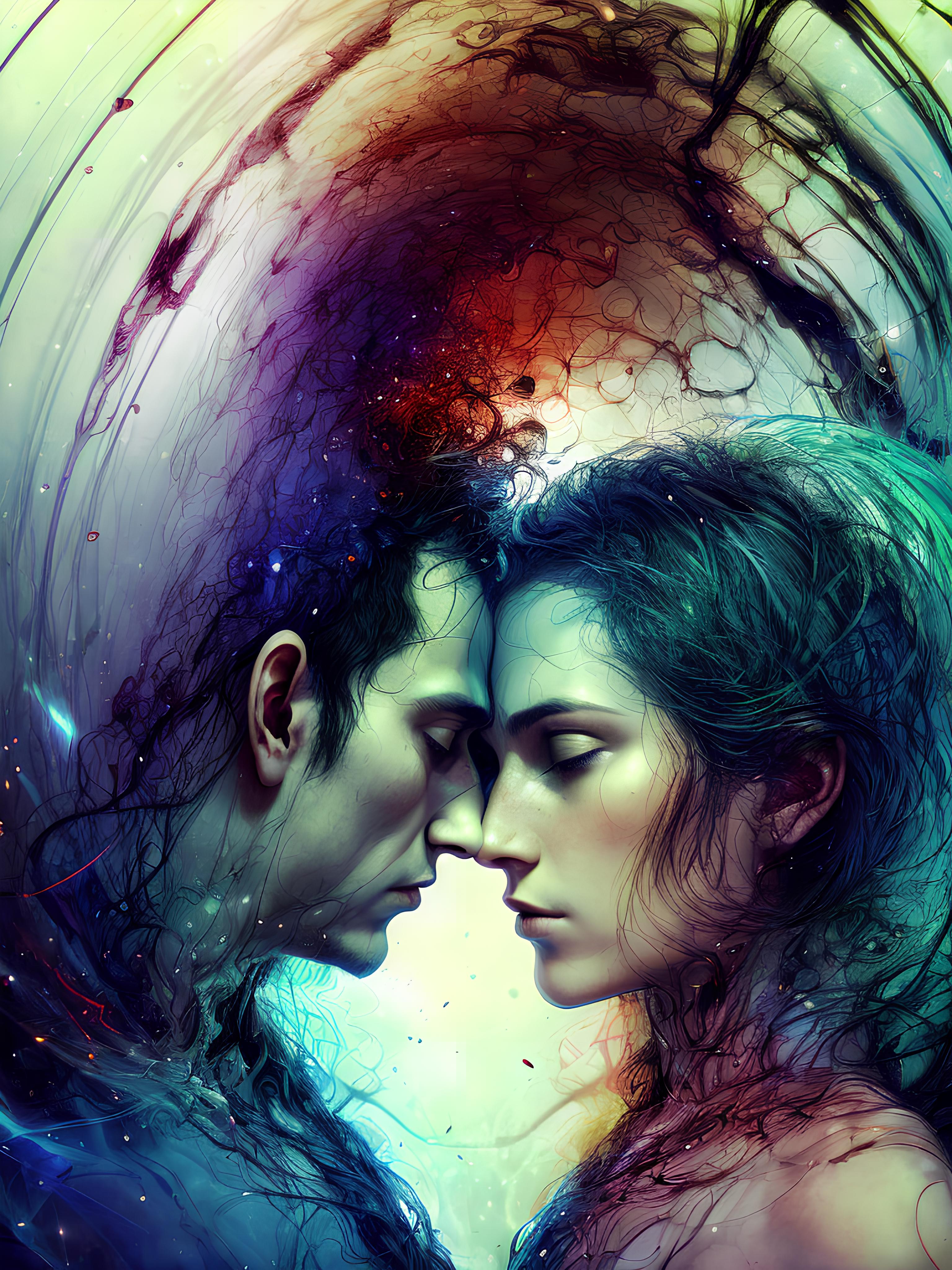 A digital illustration of a man and a woman standing together in front of a colorful background, with their heads touching.