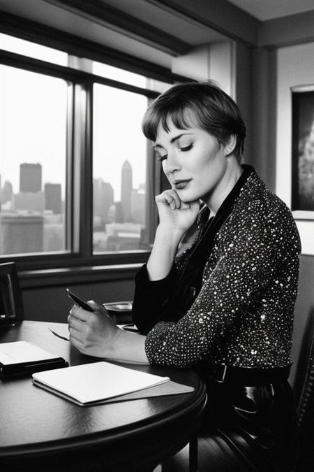 EasyNegativeV2: Vintage film's still, featuring a distinguished man in formal attire from the Roaring Twenties, seated at a mahogany writing desk in a luxurious Art Deco penthouse, the glittering skyline of New York City visible through the panoramic windows, as he pens a letter with an air of quiet contemplation.