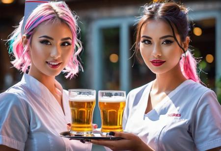 (RAW photo, subject, 8k uhd, dslr, soft lighting, high quality, film grain, Fujifilm XT3, masterpiece, best quality, extremely detailed photograph, volumatic light, ray tracing,, extremely detailed 8k wallpaper),   abstract fashion portrait of (four:2.0 sexy nurses :2.0), (a cute 19yo asian girl and a cute 24yo german woman and a beautiful 23yo african girl, very (light:2.0) white or brown or black skin, dressed as sexy nurses, dressed in latex, clear blue or green or black eyes, short or long light blond or long brunette or very  long black  straigt or wavey or curly hair with undercut hairstyle, chin bangs, dread hairstyle, braid hairstyle, (colorful streaks:1.8), very (big:1.8) or very (big:2.0) , perky tits, perfect hourglass figure, delicate face and eyes, (glasses:0.8), (glossy:1.6) (pink or red or dark red or orange or blue or black or green or rainbow lips), makeup, painted nails, navel piercing, nose piercing, (tattoos:2.0), sexy pose), at counter in beergarden, hold tray with some glasses of beer, in hand look at viewer, kiss