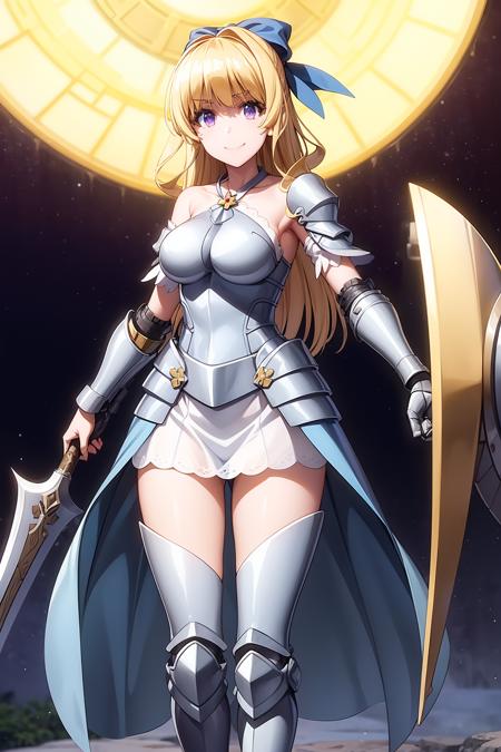 masterpiece, best quality, 1girl, solo, long hair, looking at viewer, closed mouth, smile, blonde hair, purple eyes, hair bow, night, blue bow, rista_ristarte, armor, armored boots, armored dress, breastplate, faulds, full armor, gauntlets, greaves, holding, holding weapon, shield, shoulder armor