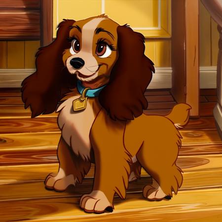 masterpiece, best quality, detailed, cocker spaniel, detailed eyes, perfect eyes, cocker spaniel, solo, smile, open mouth, standing, indoors, collar, animal, wooden floor, animal focus, animalization, domestic dog, lady \(ladyandthetramp\), dog ear, animal nose, dog, no humans
 <lora:Ladyv1.1:1>