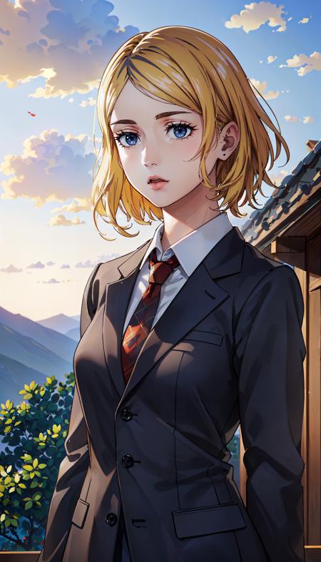 short hair yellow hair dark blue eyes black suit red necktie suit pants