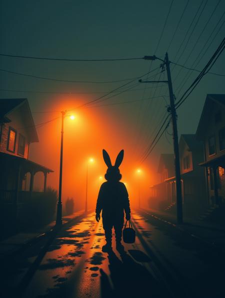 A dense, midnight fog rolls through an abandoned suburban street, bathed in dim amber light from flickering street lamps. An eerie silence is deafening Looming at the center, the stark silhouette of an evil corrupted Easter Bunny stands motionless — tall ears pointed skyward, basket in hand. The figure is backlit, casting a long, distorted shadow across the pavement. The street is lined with decrepit houses, their windows dark and broken. hinting at a corrupted version of a childhood holiday. The scene evokes a gritty, urban horror style — reminiscent of neo-noir cinematography, with dramatic chiaroscuro lighting and a shallow depth of field from a 50mm f/1.4 lens. atmospheric fog, digital corruption, flickering neon fractures, and glitching light pulses. ral-ertmsphr