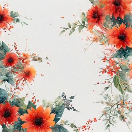 watercolor (mix colors) flowers, corner frame, 75% free space in center, white background
