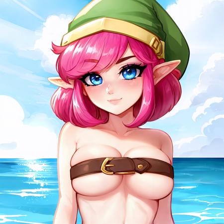 sky, day, sunlight, beach, high resolution, high contrast, vibrant colors, (1girl, solo), (upper body), (eyeshadow, eyeliner), (prettyeyes), makeup, soft smile, parted lips, \:3, water, <lora:link(shounen-captain)-10:0.891> link \(shounen captain\), the legend of zelda, genderswap \(mtf\), pink hair, blue eyes, green hat, pointy ears, belt bra, underboob, cleavage, bare shoulders, <lora:beltbra_v10:0.8> <lora:BlushySpicy:0.83>