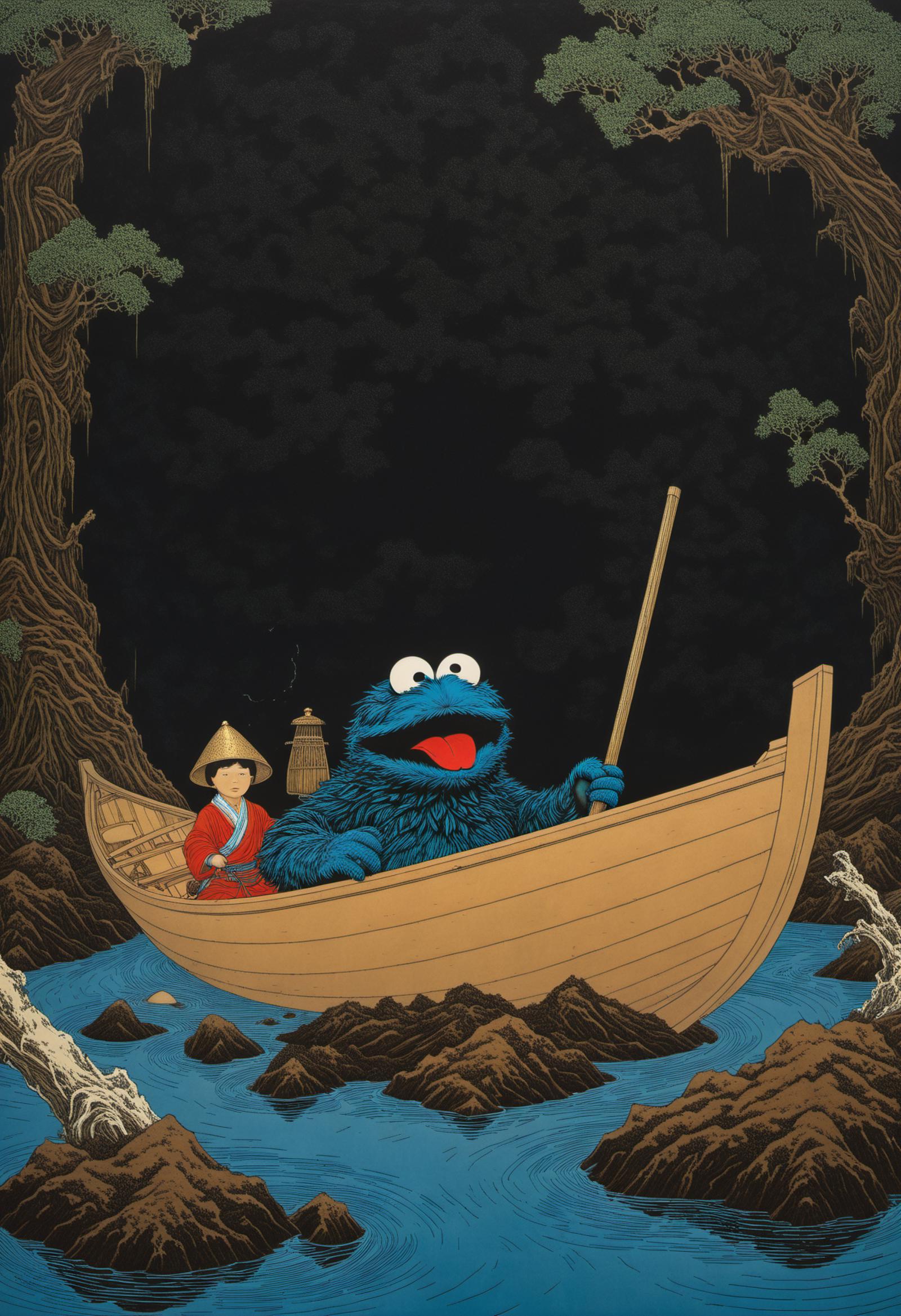 A cartoon picture of a giant blue monster, Big Bird, and a child in a boat.