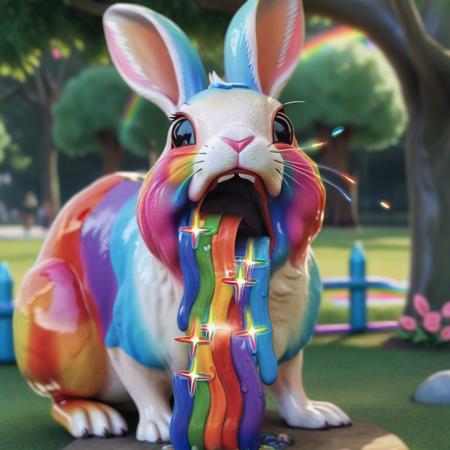 ukj style rabbit with open mouth, rainbow stream, realistic liquid texture, in a park, outdoors, natural lighting <lora:rainow_sdxl_ukjstyle_v111602-000003:1>